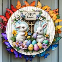 1pc Rustic Easter Sign With Bunnies And Eggs - Round Wooden Wall Hanging Decor, Spring Door Wreath, Farmhouse Porch Decoration Gifts Birthday Graduation