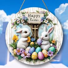 1pc Rustic Easter Sign With Bunnies And Eggs - Round Wooden Wall Hanging Decor, Spring Door Wreath, Farmhouse Porch Decoration Gifts Birthday Graduation