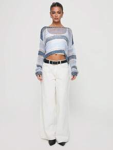 Colorblock Striped Hollow Out Off Shoulder Loose Short Beach Cover Up Casual Spring - Blue - View 4