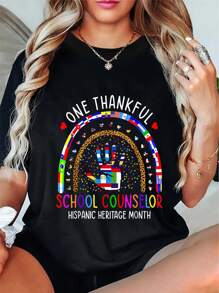 One Thankful School Counselor Hispanic Heritage Month Women T-Shirt Round Neck Short Sleeve T-Shirt Women's Men's Graphic Tee
