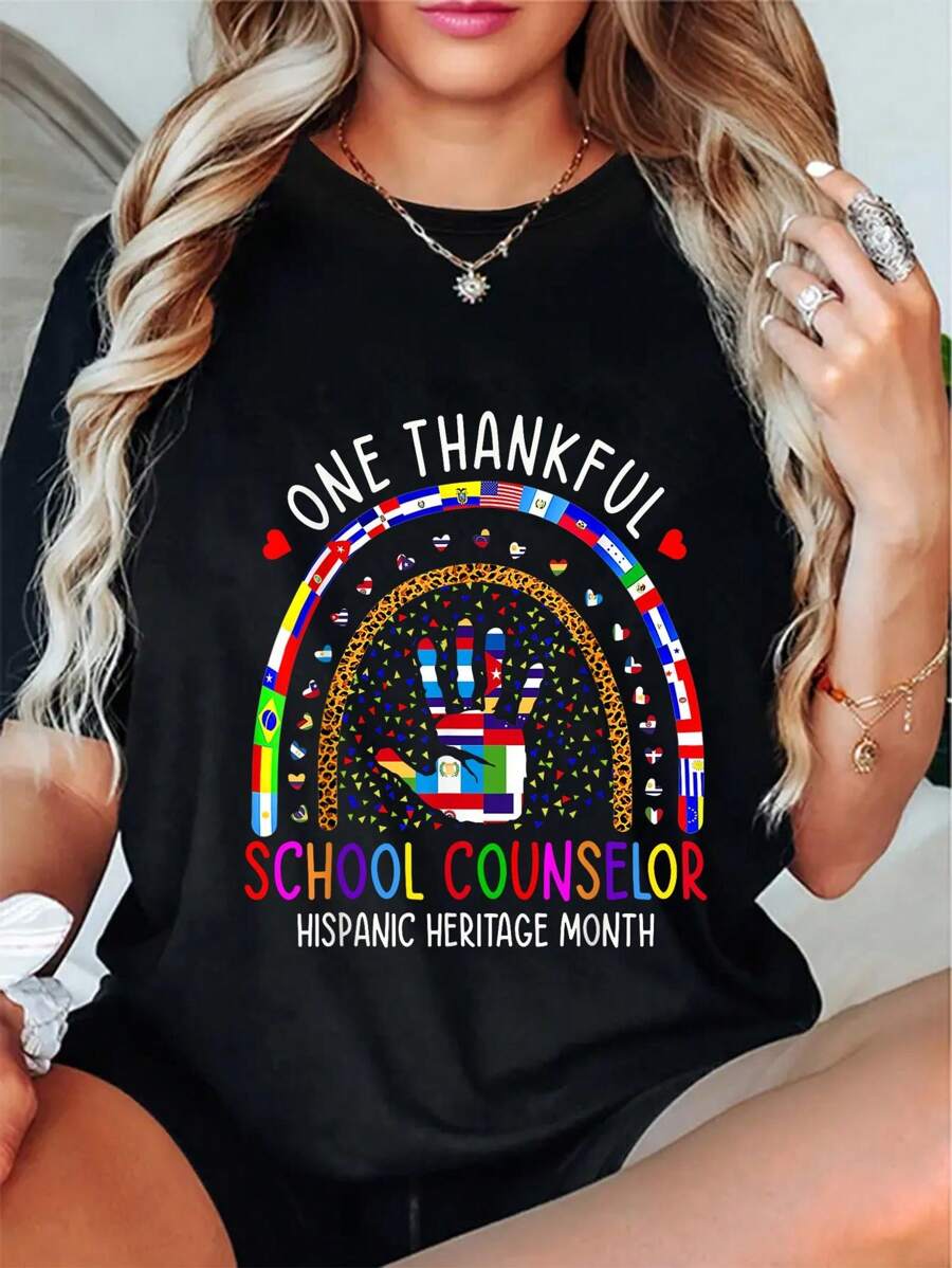 One Thankful School Counselor Hispanic Heritage Month Women T-Shirt Round Neck Short Sleeve T-Shirt Women's Men's Graphic Tee