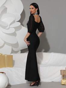 Modphy Rochie neagră, sexy, cu gât cu șalț, strasuri strălucitoare, cu panou de plasă, rochie de seară formală de petrecere pentru femei, pentru banchet de nuntă, rochie pentru invitați de nuntă