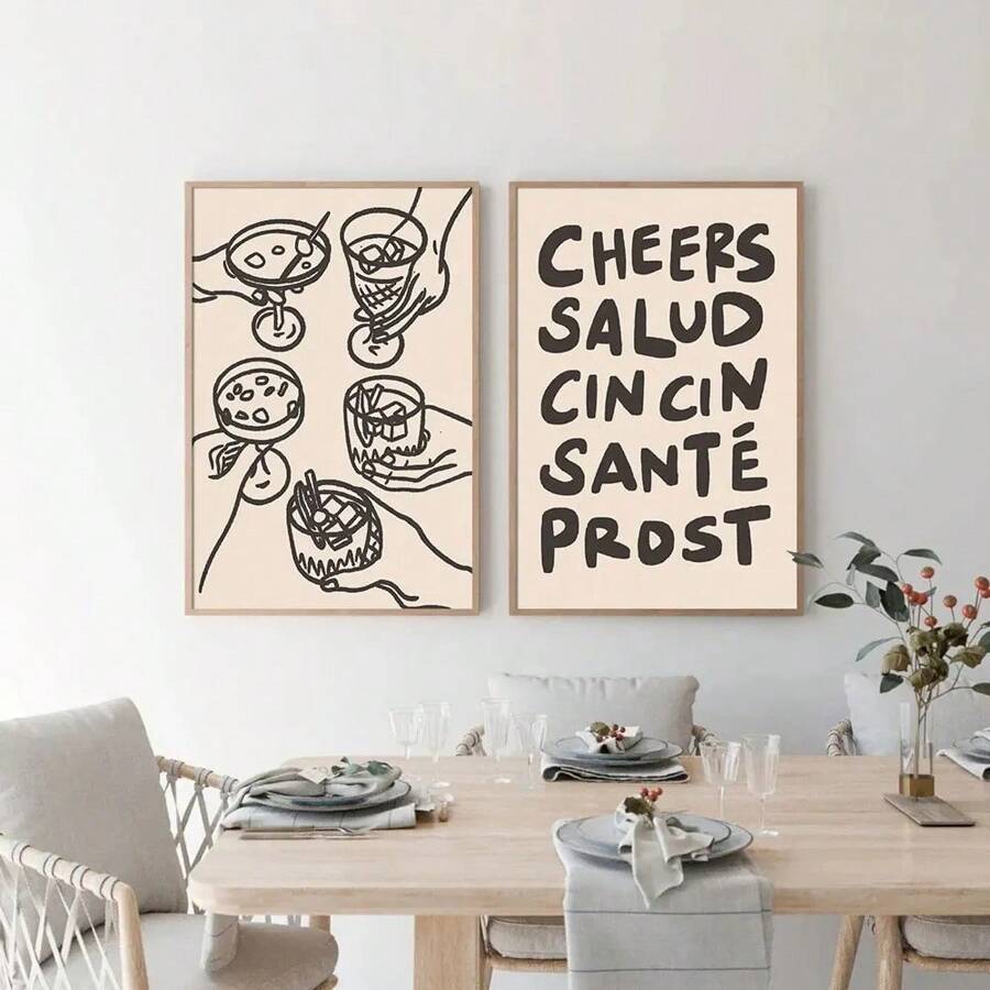 2pcs Retro Bar Cart Wall Art Poster Cheers Quotes Cocktail Art Funky Poster Canvas Print Wall Picture Home Decoration No Frame