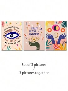 Bộ 3 tranh canvas phong cách Boho chủ đề Thu hút điều ước, in hình Mắt ác và Tin tưởng vào vũ trụ, trang trí tâm linh sống động cho phòng khách, phòng ngủ và không gian thiền định, khung tranh tùy chọn. - Nhiều màu - Xem 13