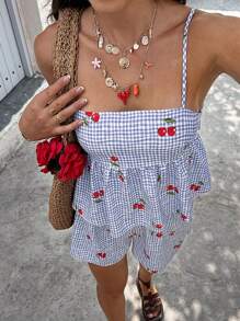 Set van 2 dames geruite top en shorts met kersenprint en ruches