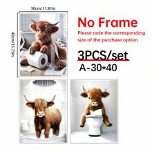 3pcs Scottish Highland Cow Funny Bathroom Print, Farm Animal Humor, Whimsical Highland Cow Lover Gift, Wall Canvas Art, Vintage Western Home Decor , Cottagecore Posters For Room, Funny Wall Decor , Room Decor Aesthetic, Room Decoration Stuff