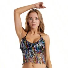 1pc Halloween Spaghetti Strap Sequin Fringe Crop Top Belly Dance Latin Dance Competition Costume - Multicolor - View 21
