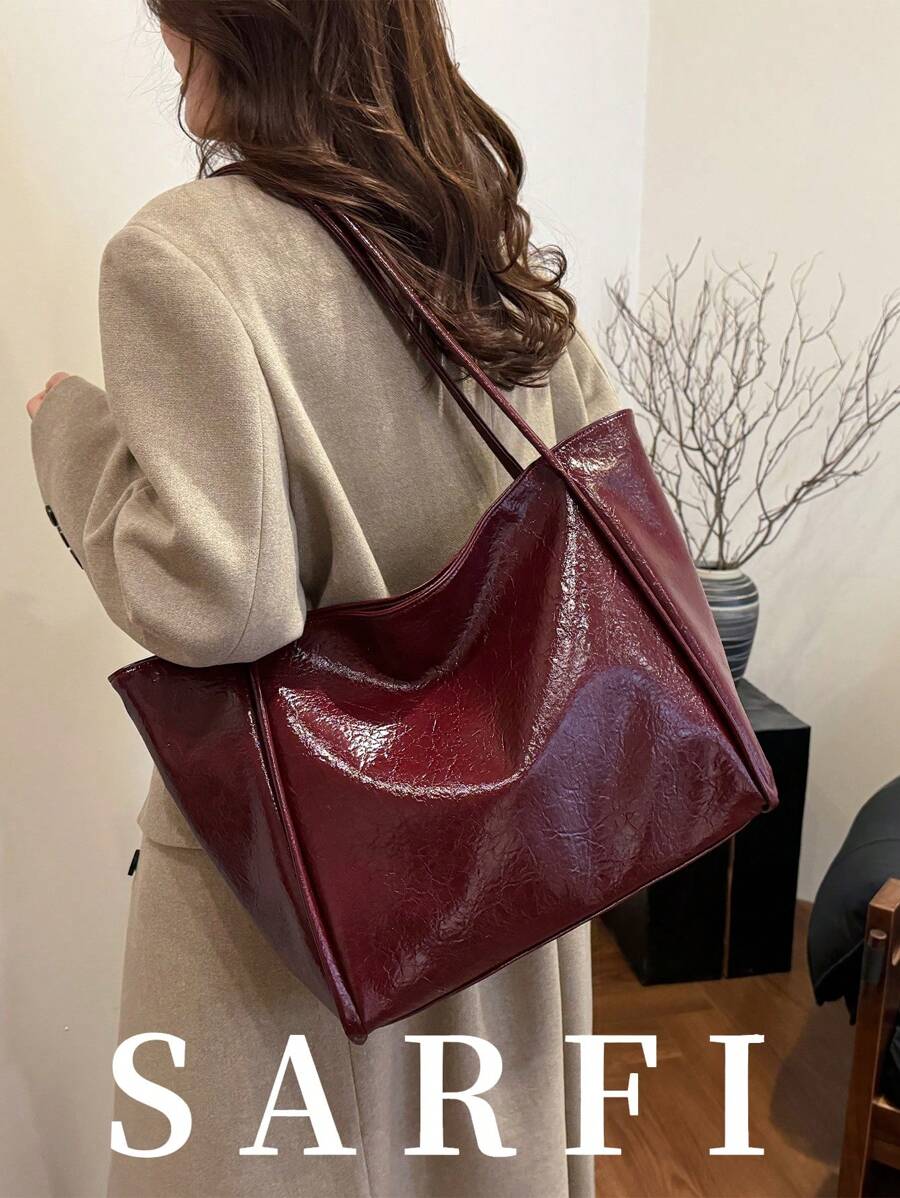 优雅酒红色女士手提包，时尚通勤包，秋冬新款酒红色托特包，柔软亮泽的酒红色休闲轻便托特包，简约纯色腋下包，适合与朋友购物、约会、旅行，魅力十足的女士工作包，时尚酒红色手提包