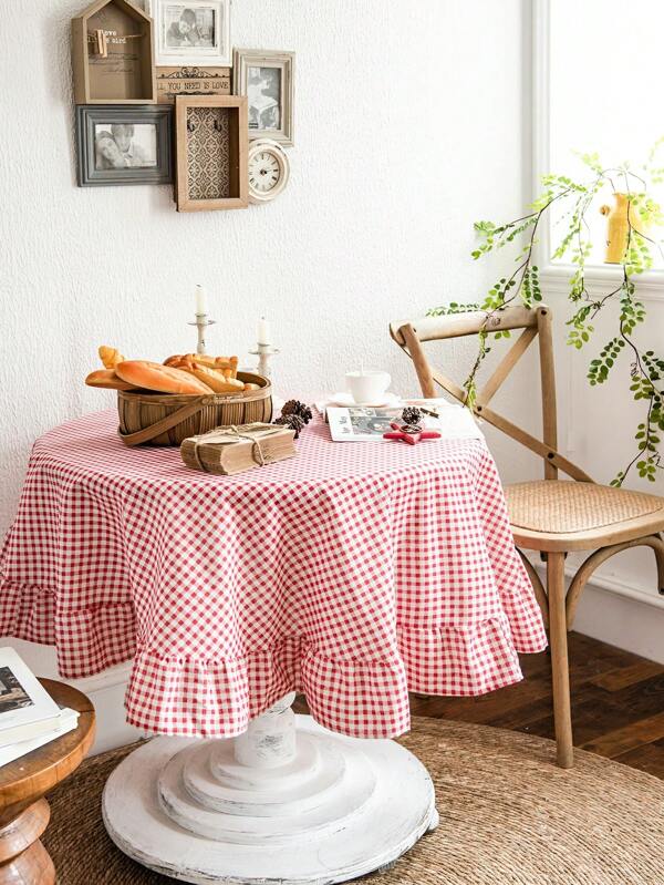 1 Stück runder Tischdecke im rot karierten Vintage-Stil mit Rüschenkante, Küchen- und Wohnzimmer Dekoration, Valentinstag Tischtuch