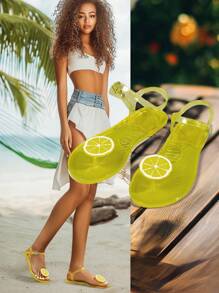 2025 新款夏季水果果冻女士凉鞋，水晶透明可爱户外沙滩拖鞋平底圆头加大码柠檬黄 - 黃色 - 查看 1