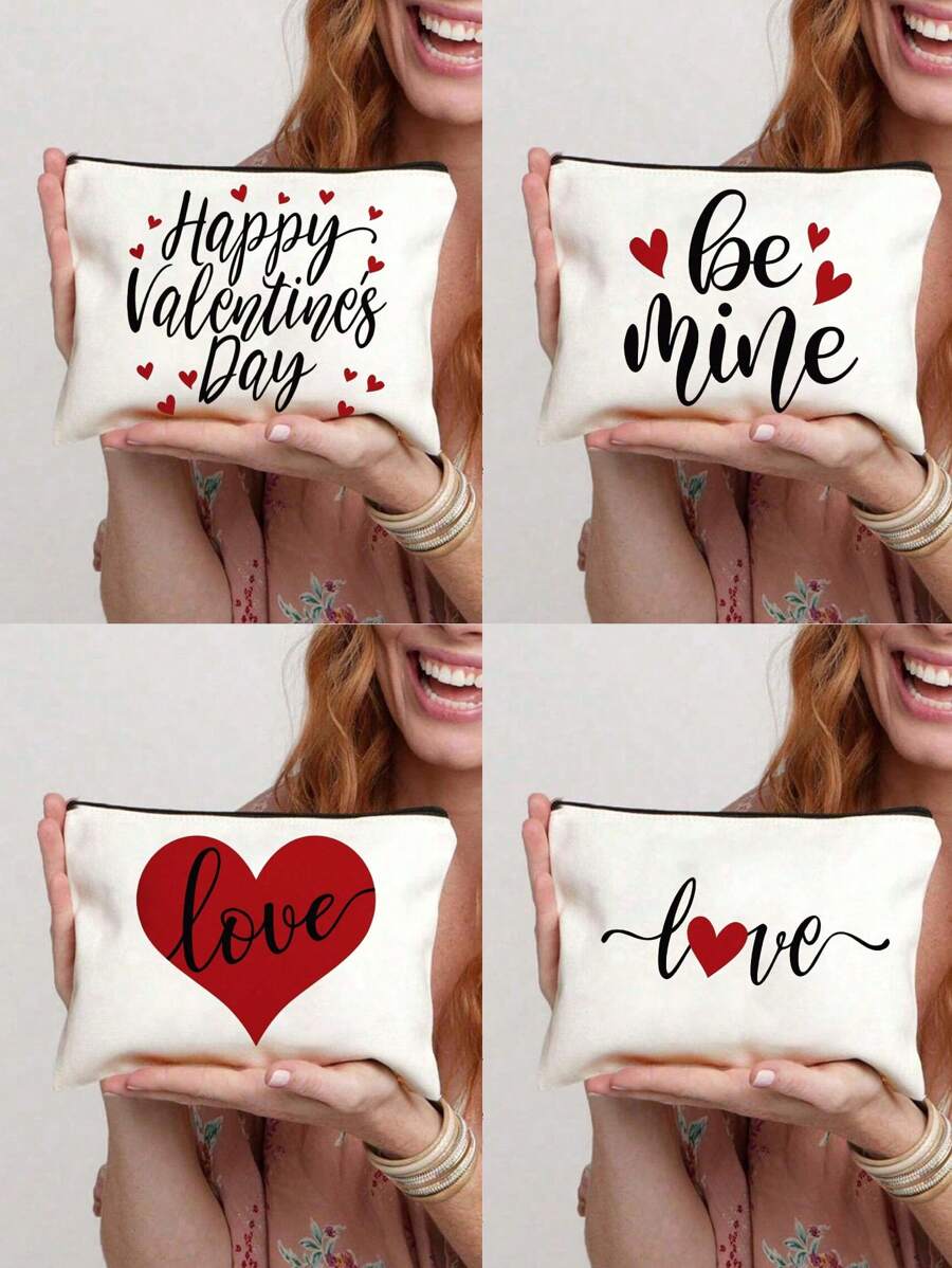 1 件情人节励志名言、爱情宣言名言心形印花旅行化妆品收纳包带拉链化妆包化妆包化妆品收纳盒化妆品收纳包化妆包，波西米亚风