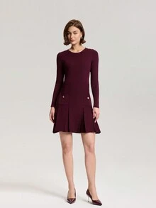 Button Decor Wide Pleated Knit Dress, Casual & Chic For Everyday Wear - Burgundy - View 6