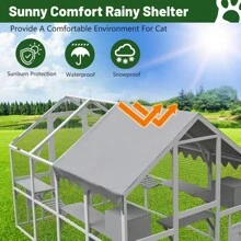 Outdoor Cat House Cat Enclosures 110" Large Kitten Playpen With Platforms,Upgrade Waterproof Cover-Grew&White