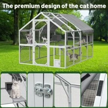 Outdoor Cat House Cat Enclosures 110" Large Kitten Playpen With Platforms,Upgrade Waterproof Cover-Grew&White