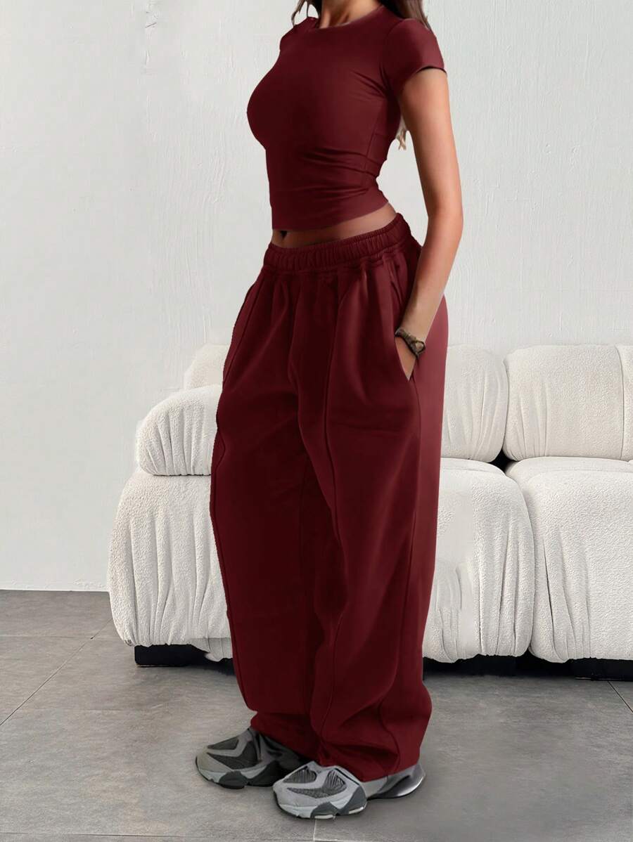 Women's Casual Loose Solid Color Elastic Waist Sweatpants With Pockets - 酒紅色 - 查看 1