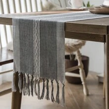 Scandinavian Modern Simple Solid Color Woven Table Runner With Tassels, Polyester Blend, Rectangular, Home And Festive Table Decor For Dining Room, Parties, Weddings - Grey With White Lines - 1pc - Grey - View 3