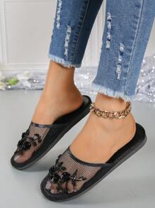 Sandales plates élégantes à décor floral fait main avec perles et sequins pour femmes. Mules confortables, légères et respirantes au style Y2K pour le printemps/été. Semelle extérieure en EVA, idéales pour la plage, les vacances et l'intérieur. - Noir - Voir 4