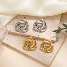 复古不锈钢结饰耳钉 - 金色 - 查看 7