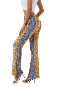 Women Retro High Waist Pants Slim Fit Casual Straight Floral Print Long Trousers