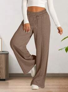 Women's Drawstring Wide Leg Sweatpants With Pockets  Oversized Low Waist Yoga Pants Baggy Trouser - Brown - View 2