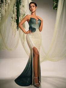 AOSHABABI TOPS Elegant Luxurious Sequin Gradient Floral Sleeveless High Slit Mermaid Evening Gown Dress (Heavy Work), The Skirt Gradient Changes From Green To Green, Like A Natural Painted Scroll, Showcasing The Green Transformation From Early Spring To Midsummer. Suitable For All Formal Occasions, Large Evening Galas, Wedding Guests, Holiday Parties, Prom, Cocktail Parties, Dates, Holidays, And Bridesmaid Dress, Party Dress