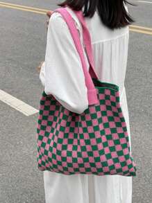 1 szt. Hollow Bag Color Blocking Crochet Handbag Torba na ramię Duża pojemność Modna torba plażowa Uniwersalna torba dojazdowa Duża pojemność Dzianinowa torba typu hobo Uroczy wzór serca Torba typu tote Damska codzienna torebka szydełkowa na ramię Portfel Y2k Prezent, codzienny urlop, torba plażowa, torba na ramię, dwukolorowy wzór w kratkę, artystyczny styl Torba szkolna i torba na książki dla kobiet lub uczniów, idealna na książki, zakupy, powrót do szkoły i nie tylko