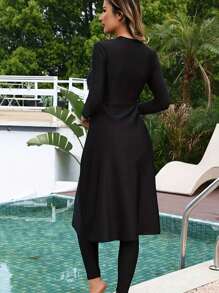Costume da bagno modesto in 2 pezzi in maglia monocromatica, donna, con top a maniche lunghe e pantaloni lunghi, adatto per spiaggia e vacanza
