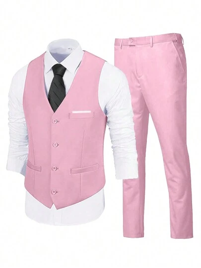 Furuyal 男士三件套西装，优雅纯色修身绅士套装，包含马甲、西裤和领带，适合商务、婚礼、派对、舞会等场合，粉色，尺码 XS-3XL