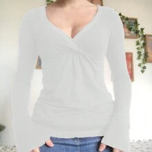 Y2k Grunge Aesthetic Clothes For Women Solid Color Long Sleeve V-Neck T Shirts Vintage Aesthetic Blouse Spring Fall Fairy Tops Grunge Clothes Harajuku Streetwear - 白色 - 查看 1