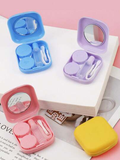 1pc/2pcs/3pcs/4pcs Women's Mini Square Contact Lens Case With Mirror,Colored Contact Lens Case,Eye Container,Cute Travel Set,Small Portable Soaking Storage Set,Mini Contact Lens Case Soaking Storage