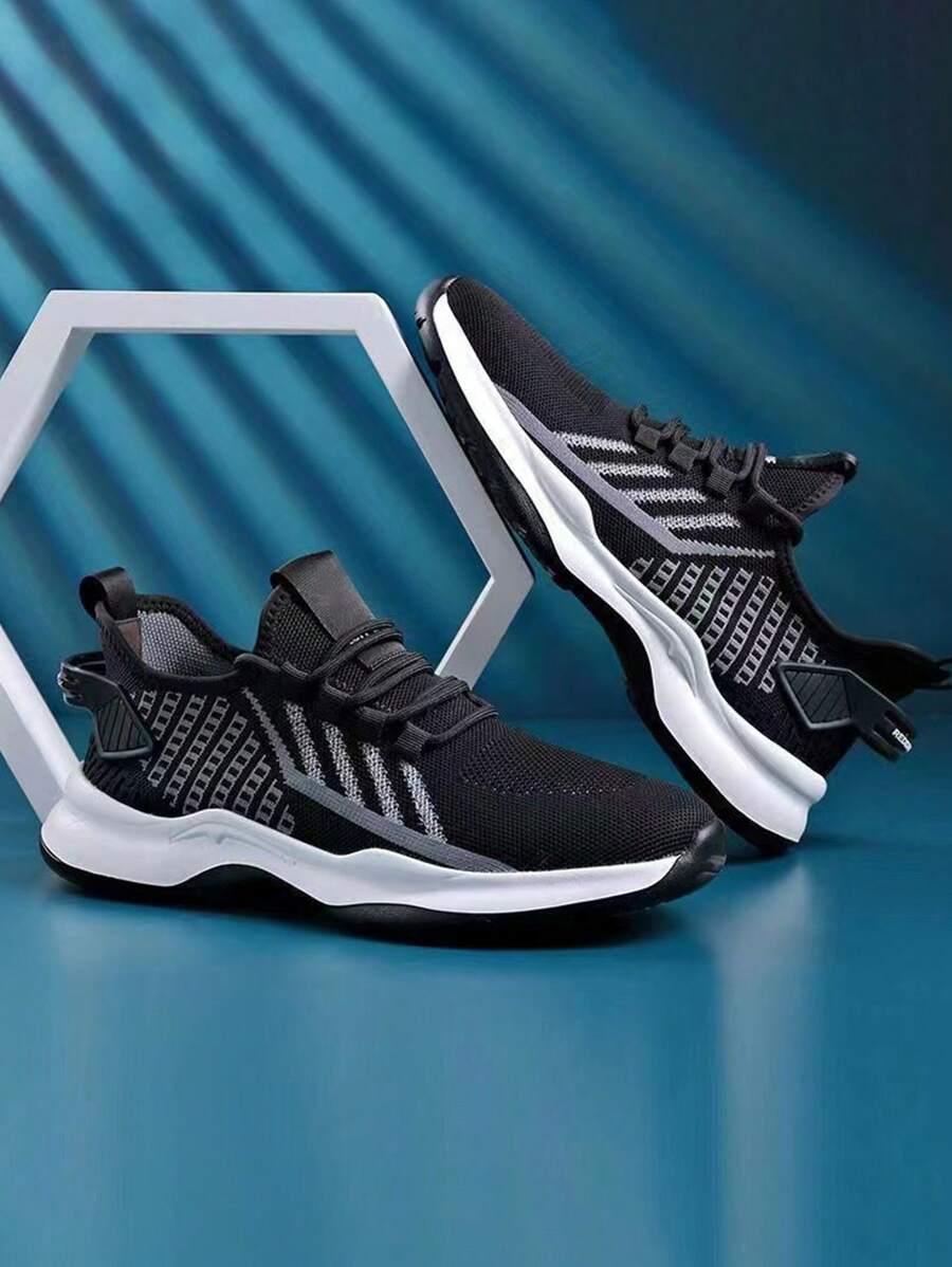 Los hombres de color sólido antideslizante de malla transpirable zapatos tenis, ligero y cómodo con cordones zapatillas de deporte de los hombres, versátil punta redonda pareja formadores, adecuado para los desplazamientos diarios, adecuado para caminar, ir de compras, correr, deportes al aire libre, fitness, viajes. - Negro - Ver 1