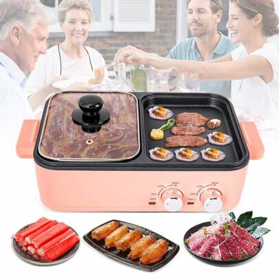 Rainaut Electric Grill With Hot Pot, 2 In 1 Indoor Non-Stick Electric Hot Pot And Griddle For Korean BBQ, Steaks, Shabu Shabu And Noodles, Independent Dual Temperature Control, Fast Heating, Pink
