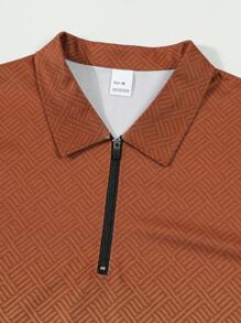 Set de 2 piezas Conjunto informal de vacaciones para hombres, camisa polo de cuello con cremallera con estampado floral de colores brillantes de verano + pantalones cortos, conjunto cómodo - Bronce - Ver 4