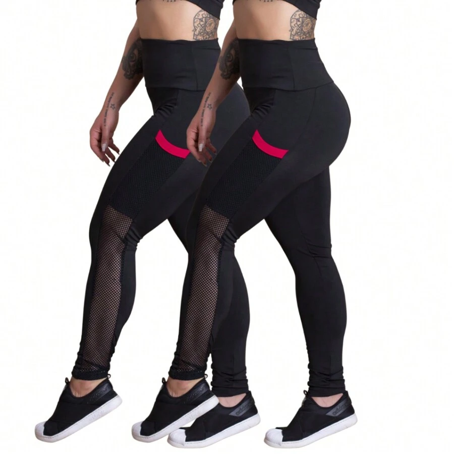 KIT 2 Women's High Waist Legging Pants With Side Mesh Pocket Gym GJR Modas