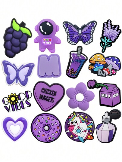 16 Peças Mistura de Flores Borboleta Cogumelo Roxo, Flores Roxas, Cogumelos Roxos, Lavanda Roxa, Etc., Destacável, Lavado, Ponteira de Sapato Poética, Sombra de Flor de Dança de Néon Vestido - Cenário Elegante de Flores de Sapato