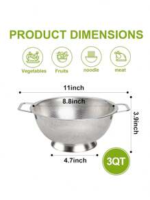 3 Quart Stainless Steel Colander With Handle,  Kitchen Food Strainer Basket For Pasta, Spaghetti, Berry, Fruit, Vegetable - Silver - View 2
