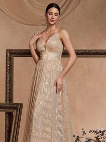 XUIBOL Sequin A Line V Neck Adjustable Strap Long Formal Evening Prom Dress Elegant Wedding Guest Gown, For Graduation, Dinner - Champagne - View 8
