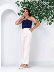 Calça Feminina Wide Leg Bege Claro Em Linho praia  com forro branco fresco social trabalho