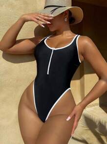 2025 New Sexy Black Contrast Binding One-Piece Swimsuit, Simple European And American Style Ladies Monokini Swimwear, For Summer Beach Vacation - Black - View 2