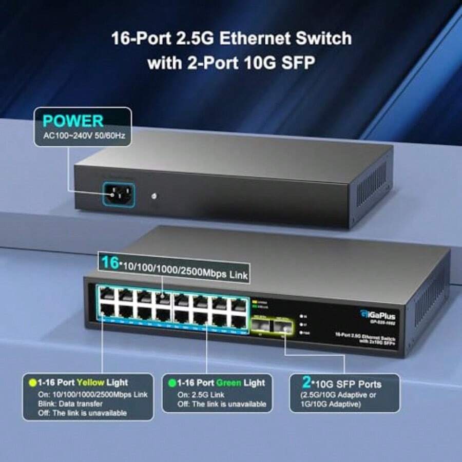 10 Port 2.5Gb Unmanaged Ethernet Switch 8 2.5G Base-T Ports 2 10G SFP+ ...