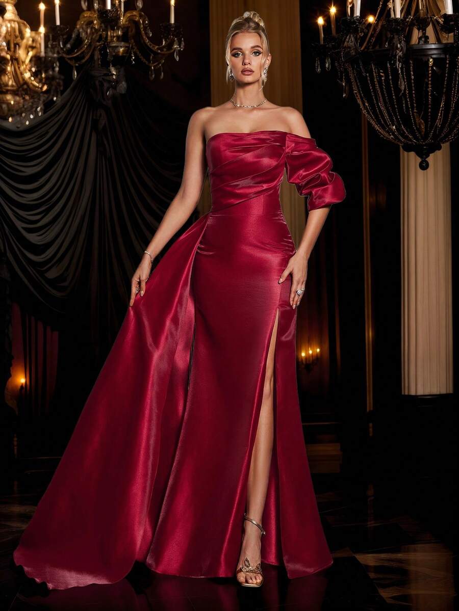 VIPGIRL Elegant Asymmetric Neckline High Slit Maxi Dress In Burgundy, Featuring Luxurious Satin Train, Exuding Opulent Elegance. This Dress Is Suitable For Formal Dinners, Elegant Parties, Galas, Wedding Guests, Graduation Ceremonies And Other Formal Occasions. - Burgundy - View 1