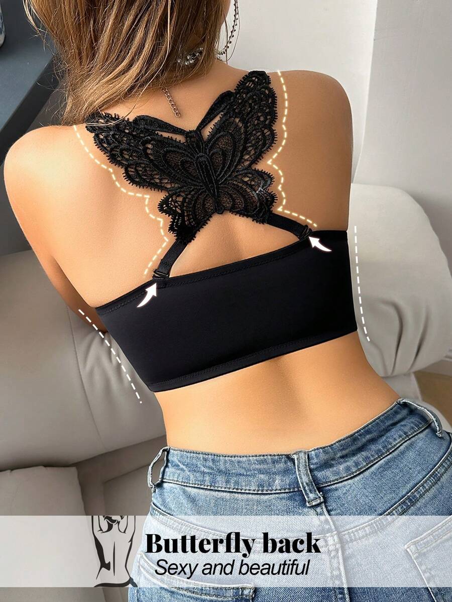 蜜桃女孩黑色蕾丝基础款美背前扣易穿女士内衣聚拢文胸 - 黑色 - 查看 1