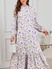 春冬新款印花长裙，度假风宽松系带女士连衣裙，全身印花，荷叶边袖口，时尚长袖，女士热销款 - 紫色 - 查看 2