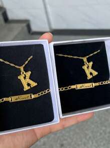26 Peças Pulseira Personalizada Inicial de Nome em Aço Inoxidável, Presente de Joias para Aniversário e Dia dos Namorados - 18" - Visão 2