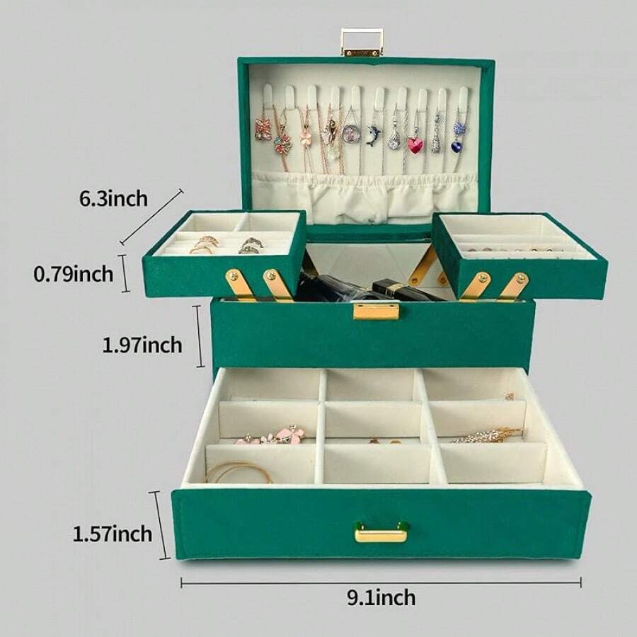 LSKDJewelry Boxes For Women Girls, Jewelry Organizer Box, 3 Layers Jewelry Storage Organizer For Earring, Ring, Necklace, Bracelets (Black) - Green - View 1