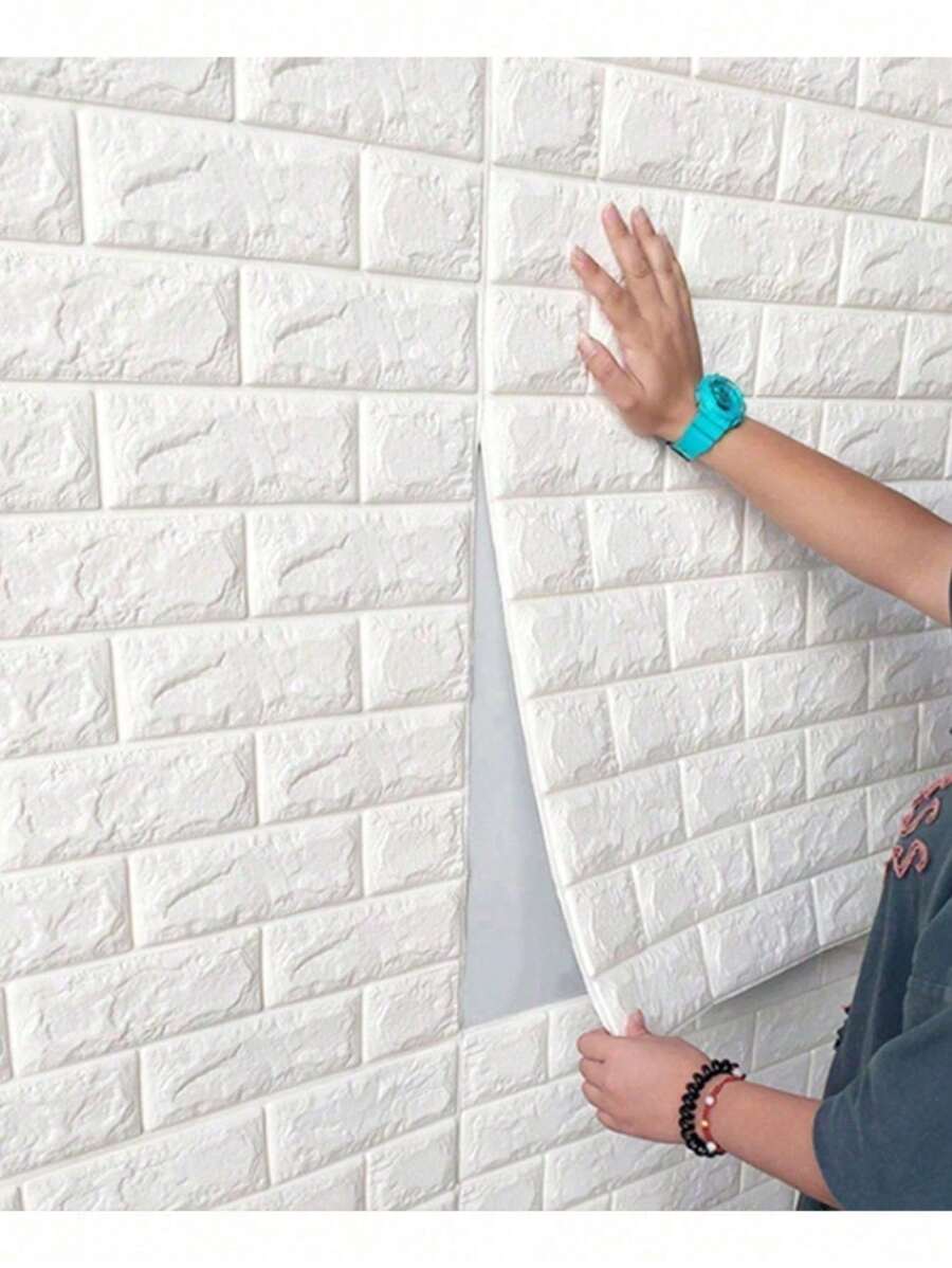 KIT 5 PCS 3D Brick Wall Sticker Panel, 3D Brick Wall Covering High Relief 70x77cm Thickness 3mm - 白色 - 查看 1