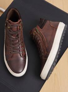 SHOESMALL Men's Leather Casual Shoes High Top Fashion Darkbrown Sneakers For Men - AMY5140-深棕色 - 查看 1