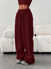 Women's Casual Loose Solid Color Elastic Waist Sweatpants With Pockets - 酒紅色 - 查看 6
