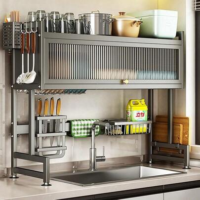 Milkshake White 3 Tier Over Sink Dish Rack Drainer With Cover - Space-Saving Organized Drying Rack For Dishes, Glasses, Bowls, Cutlery