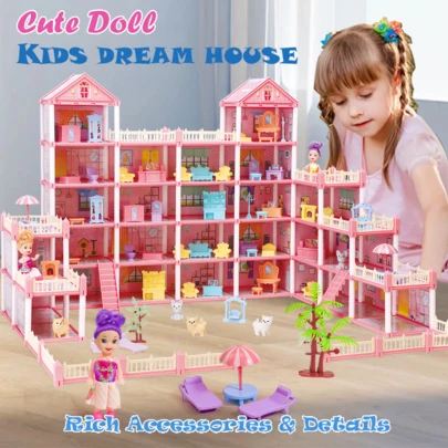 Conjunto de juego de casa de muñecas tipo castillo de princesa, juguete de casa de muñecas para niñas, conjunto de villa de lujo, incluye muebles y accesorios, juguete de juego de roles realista, adecuado para niñas de 3 a 10 años, regalo de cumpleaños (algunos accesorios de color aleatorio)